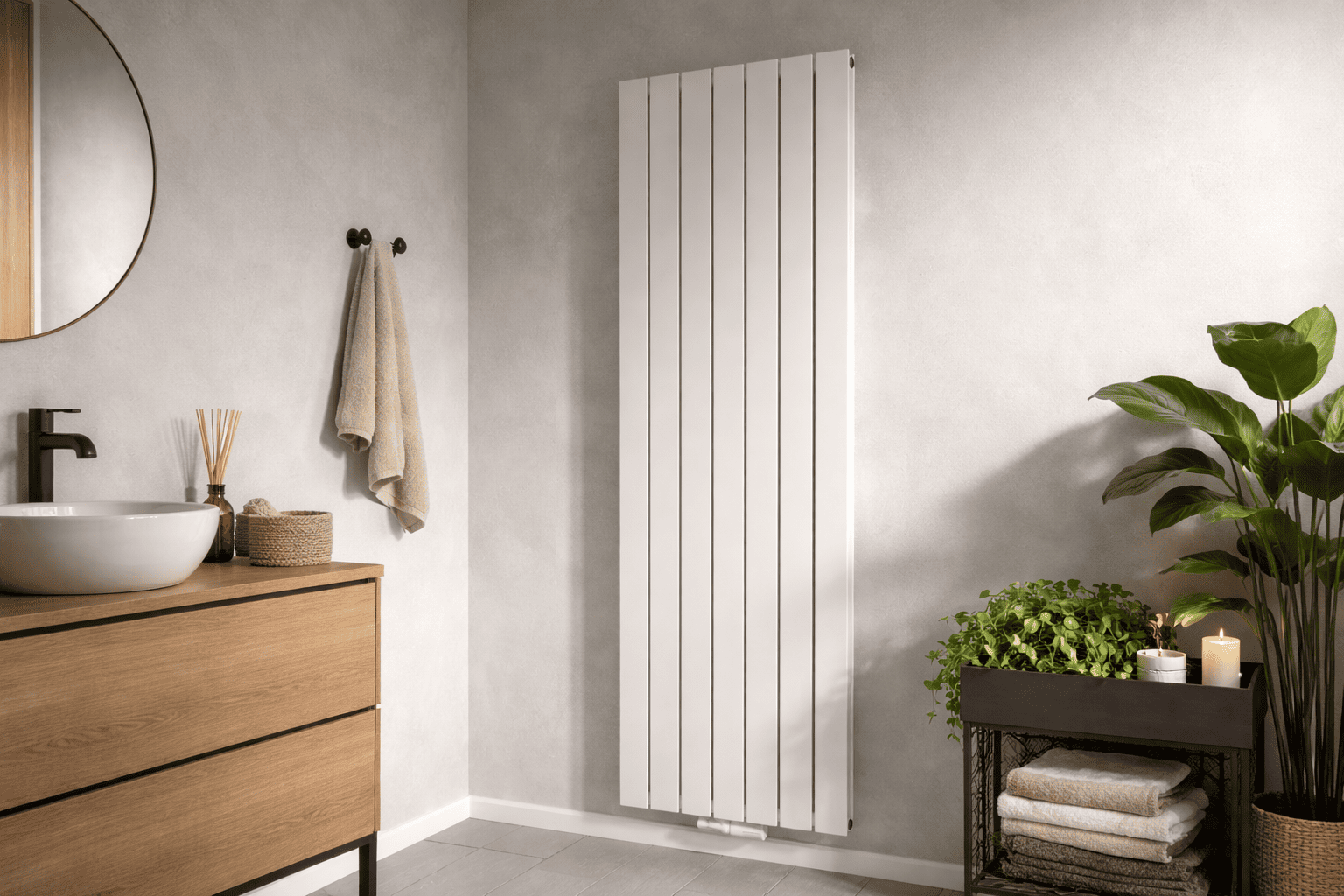 Ein weißer Stahlheizkörper hängt in einem modern eingerichteten Badezimmer