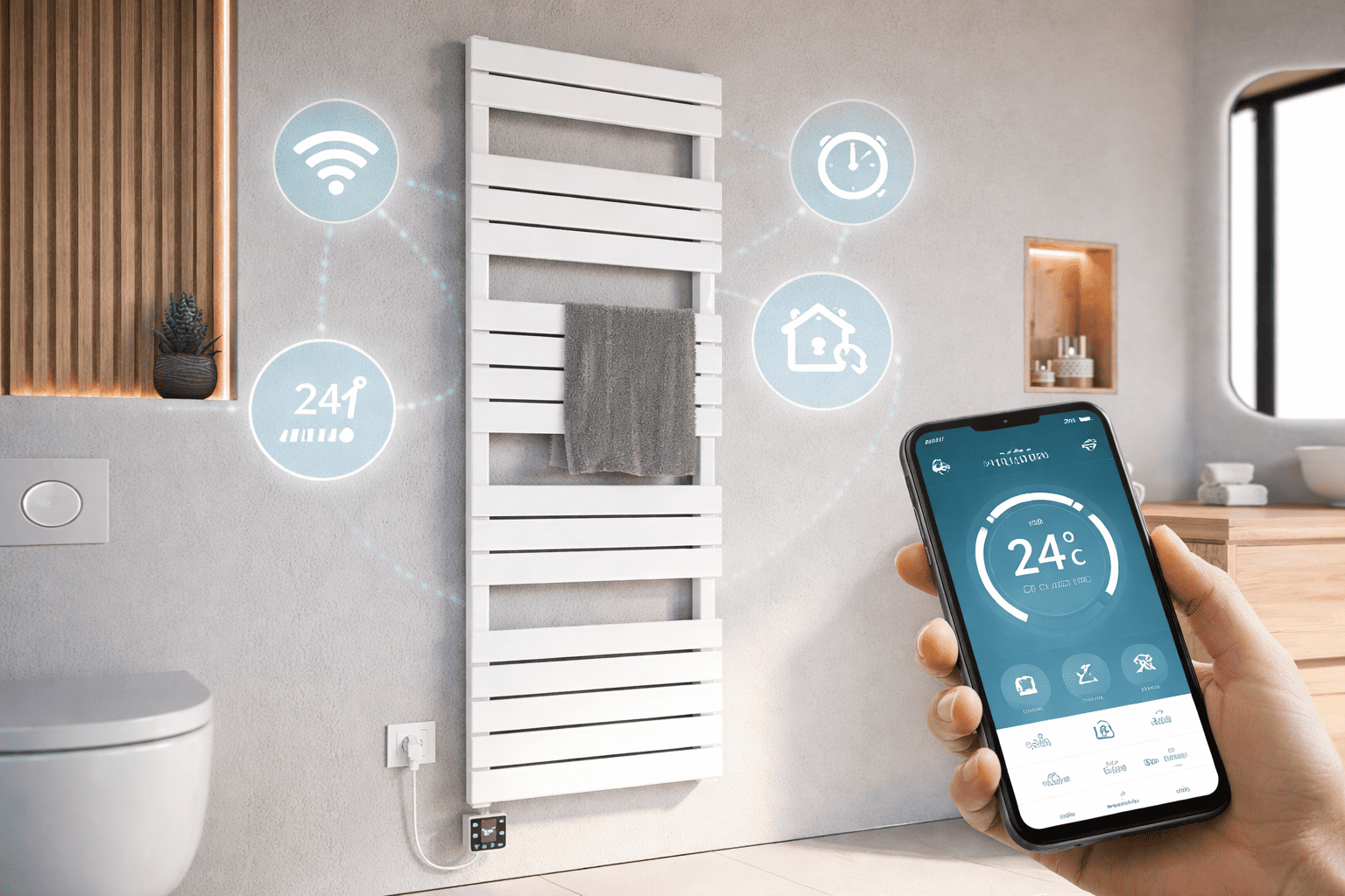 Ein Badheizkörper elektrisch wird mit einer Smartphone App für Smart-Home eingestellt 