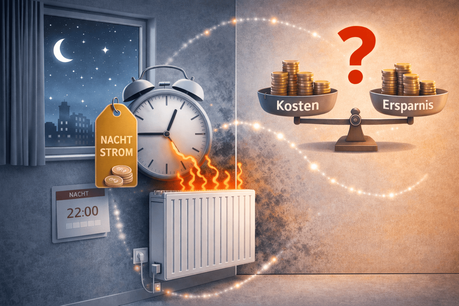 Illustration zeigt die Frage auf, ob das elektrische Heizung mit Nachtstrom sinnvoll ist