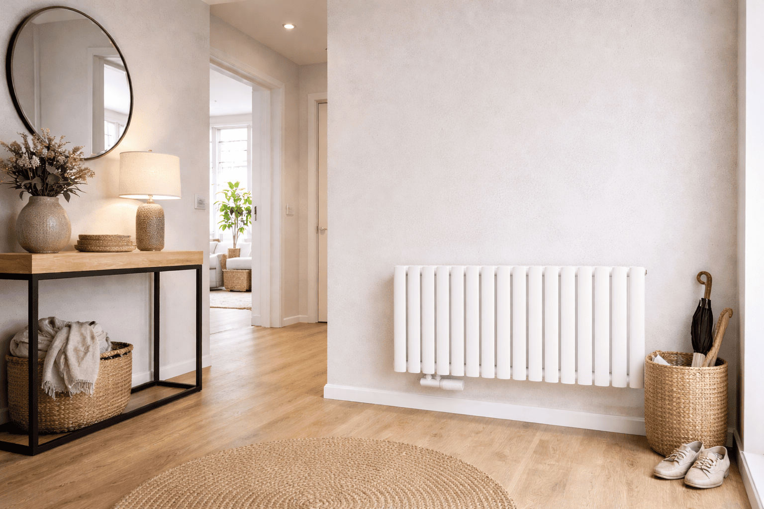Neu renovierter Flur mit einem weißen horizontalen Stahl-Heizkörper