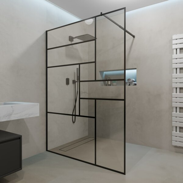 Duschwand Begehbare Dusche Duschabtrennung GRIDARA Nano Schwarz Gitterdesign 8mm